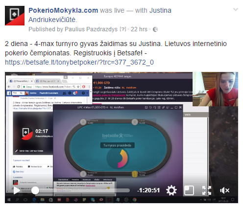 2 diena - 4-max turnyro gyvas žaidimas su Justina. Lietuvos internetinio pokerio čempionatas.