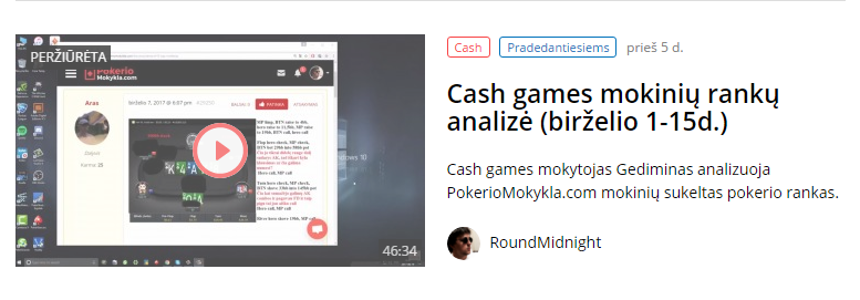 Cash games mokinių rankų analizė (birželio 1-15d.)