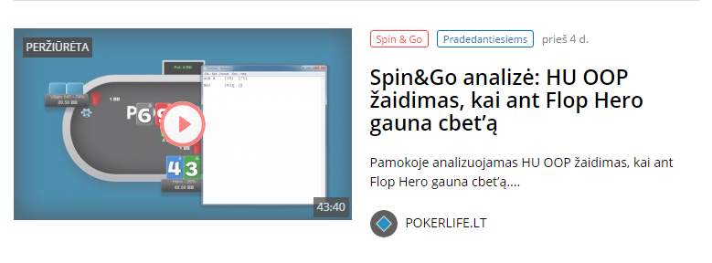 Spin&Go analizė: HU OOP žaidimas, kai ant Flop Hero gauna cbet’ą