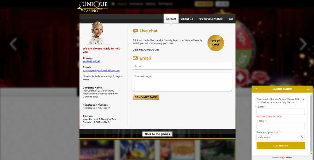 unique casino live chat