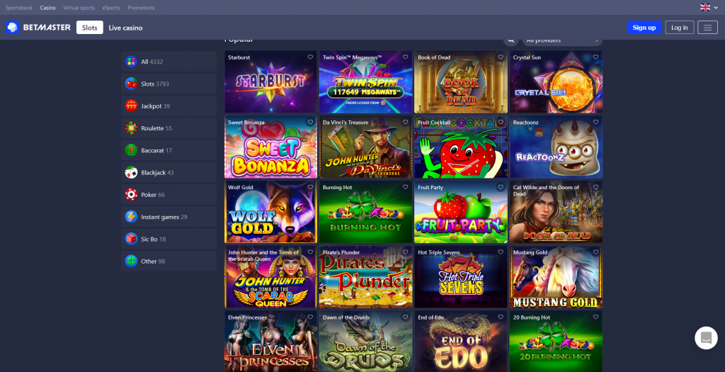 Betmaster Casino spēļu piedāvājums