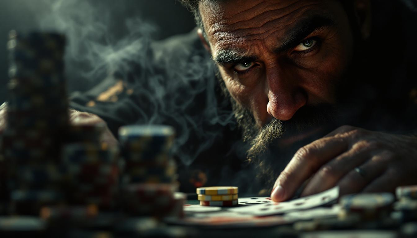 An allegorical portrait, chiaroscuro lighting dramatizing a stoic poker player's face, eyes intense yet calm. Photorealistic details of chips, cards in foreground. Atmospheric smoke, deep shadows. Powerful composition suggesting inner fortitude amidst adversity. Baroque style with rich textures.