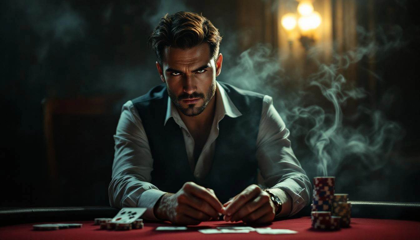 A stoic, self-assured professional poker player with piercing eyes, sharp features, and an aura of unwavering confidence, seated at a dimly lit casino table amidst swirling cigar smoke, cards in hand, under dramatic chiaroscuro lighting.